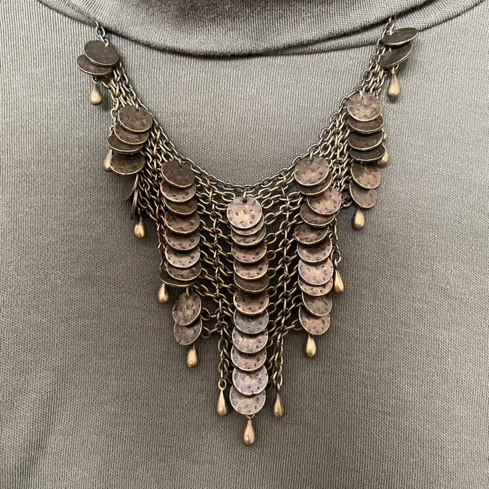 Bib hammered disc tiered, vertical, drop women’s necklace